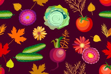 Ekim hasat. Sorunsuz vektör desen sebze, çiçek ve yaprakları. 