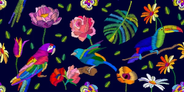 Oiseaux colorés dans le jardin tropical . — Image vectorielle