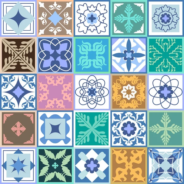 Set de baldosas cerámicas verdes. Mosaico de cerámica esmaltada con motivos marroquíes, españoles, portugueses . — Vector de stock