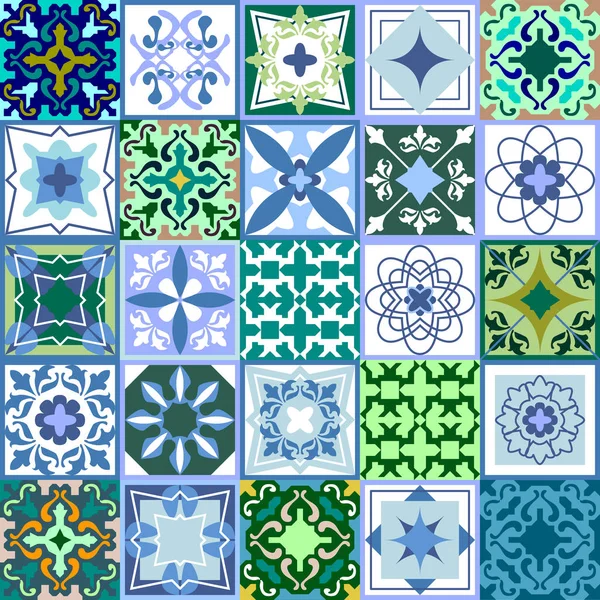 Set di piastrelle di ceramica verde. Mosaico di ceramica smaltata con motivi marocchini, spagnoli, portoghesi . — Vettoriale Stock