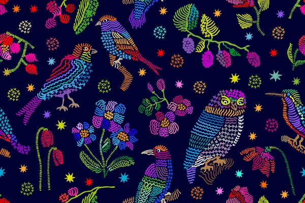 Vintage šátek s vyšívanou fantasy zahrada inspirovaná lidového umění. — Stockový vektor