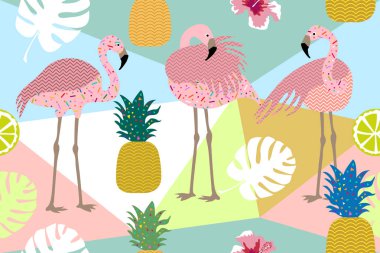Karanlık tropikal yazdırma. Pembe flamingolar ve altın ananas ile sorunsuz vektör desen. 