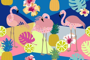 Karanlık tropikal yazdırma. Pembe flamingolar ve altın ananas ile sorunsuz vektör desen. 