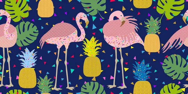 Dark tropical print. Seamless vector pattern with pink flamingos and golden pineapples. — Stock Vector