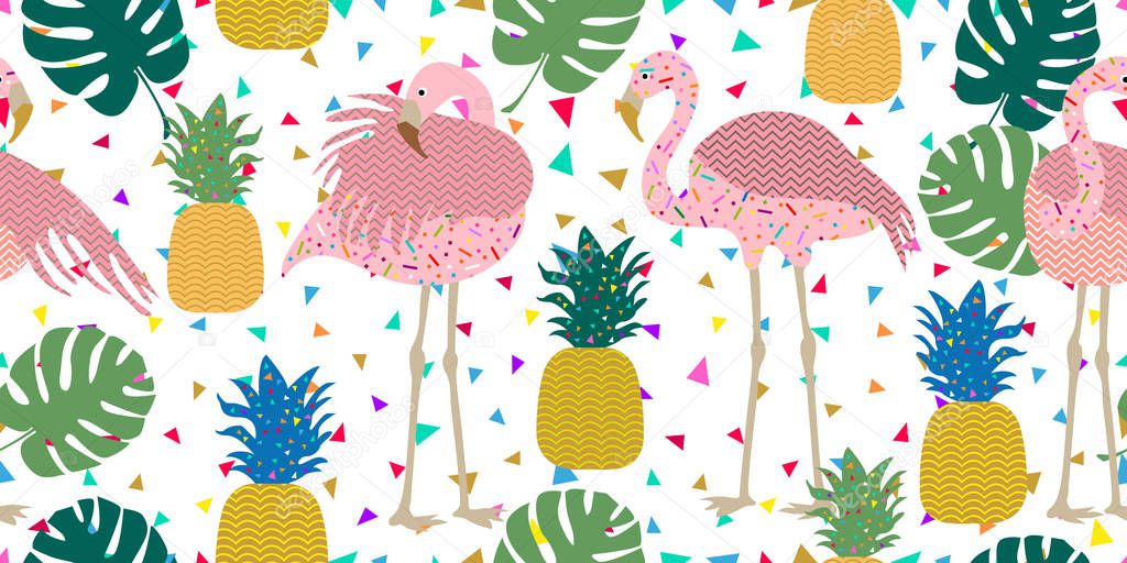 Dark tropical print. Seamless vector pattern with pink flamingos and golden pineapples. 