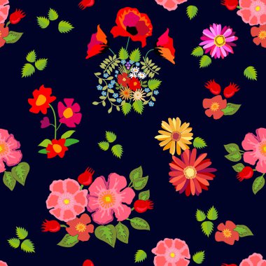 Kırmızı ve pembe sonbahar buketleri. Retro motifleri ile sorunsuz vektör desen.