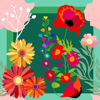 Renkli çiçek açan Bahçe. Gül, haşhaş ve kır çiçekleri.