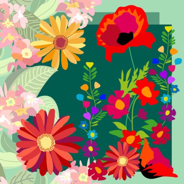 Renkli çiçek açan Bahçe. Gül, haşhaş ve kır çiçekleri.