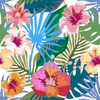 Karanlık tropik cenneti. Palmiye yaprakları ve egzotik çiçekler ile sorunsuz vektör desen. 