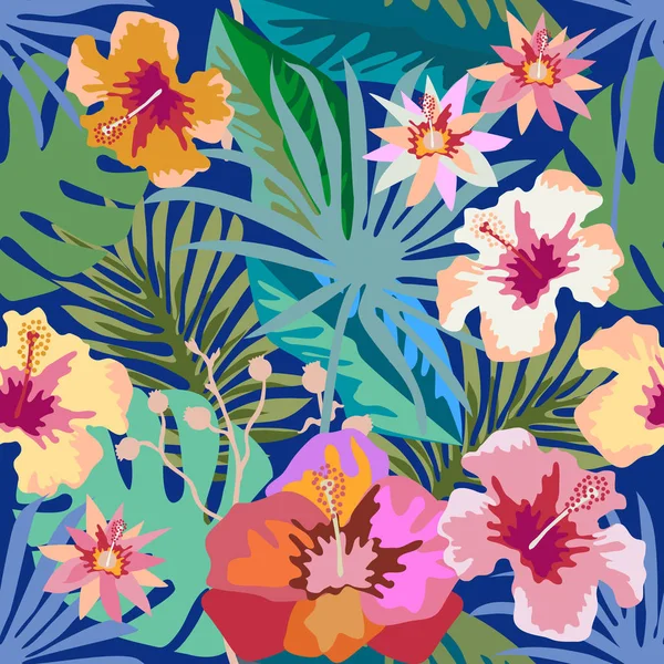 Dunkles tropisches Paradies. nahtloses Vektormuster mit Palmblättern und exotischen Blumen. — Stockvektor