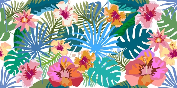 Темний тропічний рай. Безшовний векторний візерунок з пальмовим листям та екзотичними квітами . — стоковий вектор