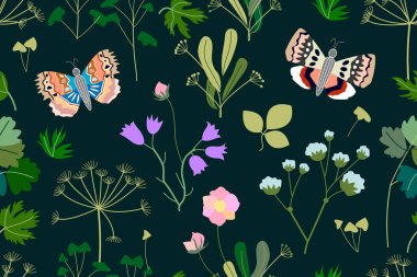 Kelebekler, otlar, çiçekler ile karanlık Bahçe.