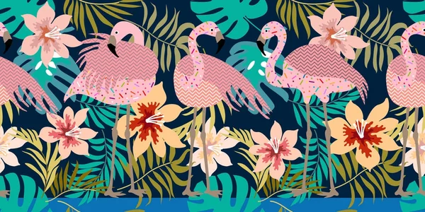 Seamless vector border with flamingos and tropical flowers. — Stock Vector