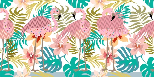 Seamless vector border with flamingos and tropical flowers. — Stock Vector