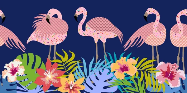 Seamless vector border with flamingos and tropical flowers. — Stock Vector