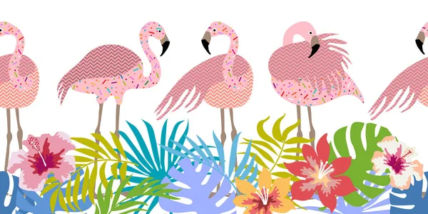 Fronteira vetorial sem costura com flamingos e flores tropicais . — Vetor de Stock