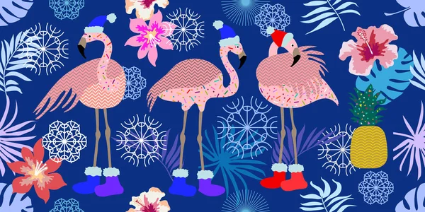 Egzotik tropik tatil. Flamingolar, ananas, çiçek, kar taneleri ve peyzaj geniş panoramik seamless modeli. — Stok Vektör