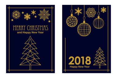 Son moda neşeli Noel ve mutlu yeni yıl kartları. Doğrusal köknar ağacı, kar taneleri ve siyah arka plan üzerine süslemeleri. 
