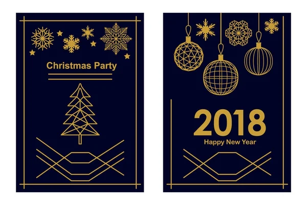 Trendy Merry Christmas and Happy New Year cards. Linear fir tree, snowflakes and decorations on black background. — Stock Vector