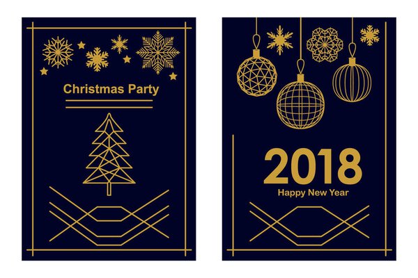 Trendy Merry Christmas and Happy New Year cards. Linear fir tree, snowflakes and decorations on black background. 