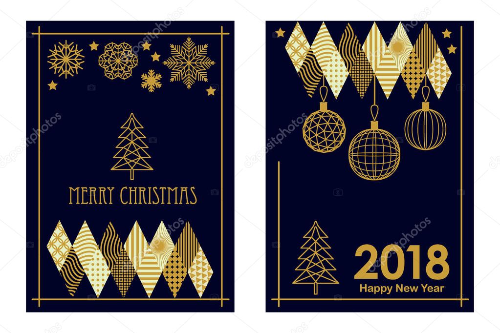 Trendy Merry Christmas and Happy New Year cards. Linear fir tree, snowflakes and decorations on black background. 