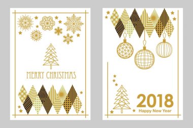 Geometrik beyaz ve altın neşeli Noel ve mutlu yeni yıl kartları. Kar taneleri, çam ağacı, Festival süsleri.