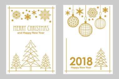 Geometrik beyaz ve altın neşeli Noel ve mutlu yeni yıl kartları. Kar taneleri, çam ağacı, Festival süsleri.