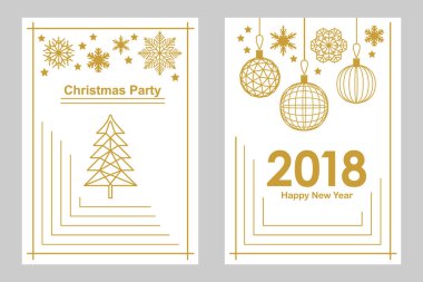 Geometrik beyaz ve altın neşeli Noel ve mutlu yeni yıl kartları. Kar taneleri, çam ağacı, Festival süsleri.