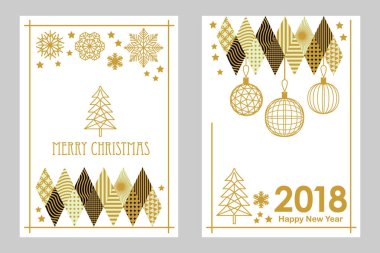 Geometrik beyaz ve altın neşeli Noel ve mutlu yeni yıl kartları. Kar taneleri, çam ağacı, Festival süsleri.