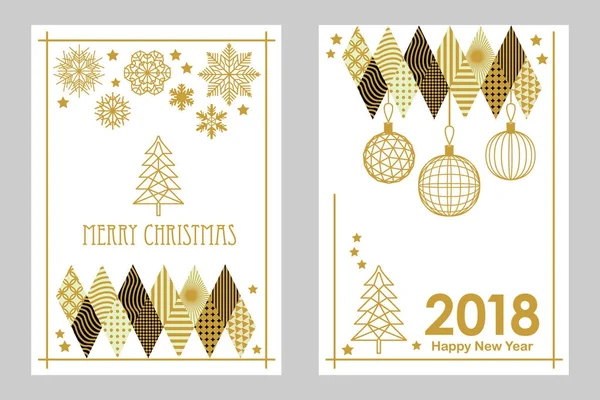 Γεωμετρική λευκές και χρυσές καλά Χριστούγεννα και Ευτυχισμένο το νέο έτος κάρτες. Νιφάδες χιονιού, έλατο, εορταστική διακόσμηση. — Διανυσματικό Αρχείο