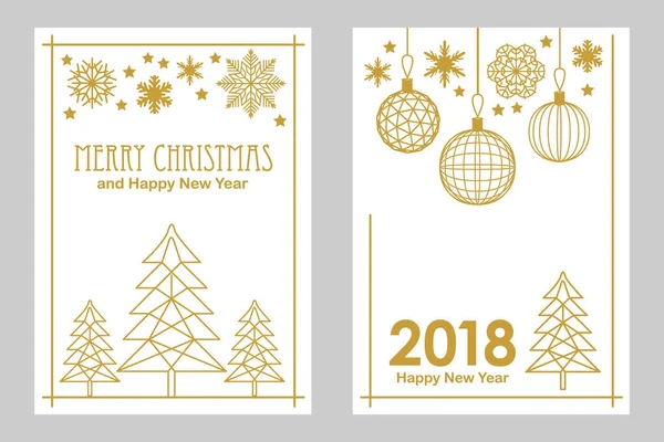Γεωμετρική λευκές και χρυσές καλά Χριστούγεννα και Ευτυχισμένο το νέο έτος κάρτες. Νιφάδες χιονιού, έλατο, εορταστική διακόσμηση. — Διανυσματικό Αρχείο