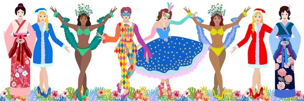 大型化妆套装。一群人在狂欢节装扮。雪女孩, 日本妇女在和服, 巴西舞者, 丑角. — 图库矢量图片