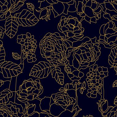 Çiçek açan gül, peonies ve sakura altın doğrusal model. 
