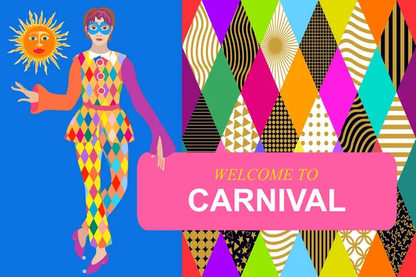 Bienvenidos al carnaval. Bailarina en vestido festivo y fondo brillante . — Archivo Imágenes Vectoriales