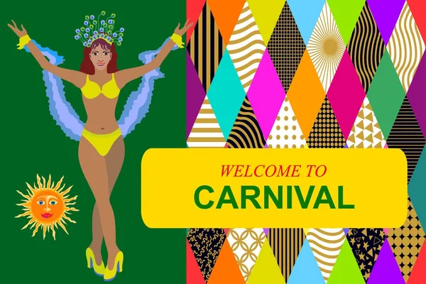 Welcome to carnival. Dancer in festive dress and bright background. — Stock Vector