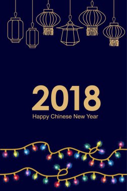 Mutlu Çin yeni yıl kartı. Soyut geometrik süsler, aydınlatma garland ve oryantal fenerler ve fan.