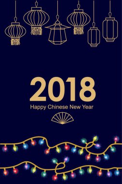 Mutlu Çin yeni yıl kartı. Soyut geometrik süsler, aydınlatma garland ve oryantal fenerler ve fan.
