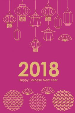 Mutlu Çin yeni yıl kartı. Soyut geometrik süsler, aydınlatma garland ve oryantal fenerler ve fan.
