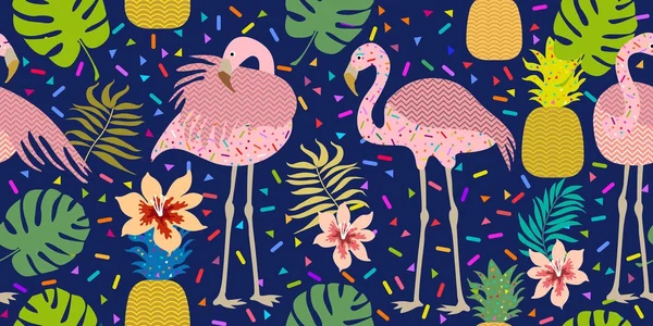 Colorful tropical print. Seamless vector pattern with pink flamingos and golden pineapples. — Stock Vector