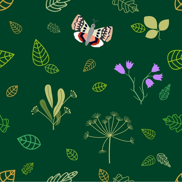 Folhas e plantas verdes e douradas sobre fundo esmeralda. Padrão vetorial sem costura com motivos florais . — Vetor de Stock