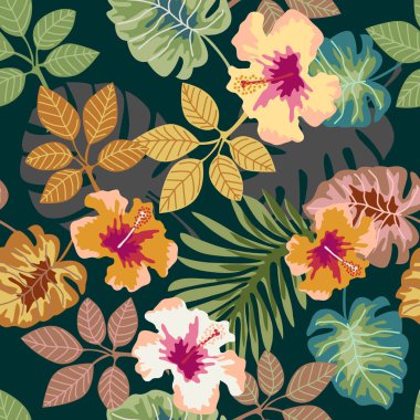 Koyu gri arka plan üzerinde egzotik tropik bitkiler. 