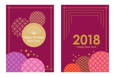 Mutlu çene yeni yıl kartları ayarlayın. Mor arka plan üzerinde renkli soyut geometrik süsler. 