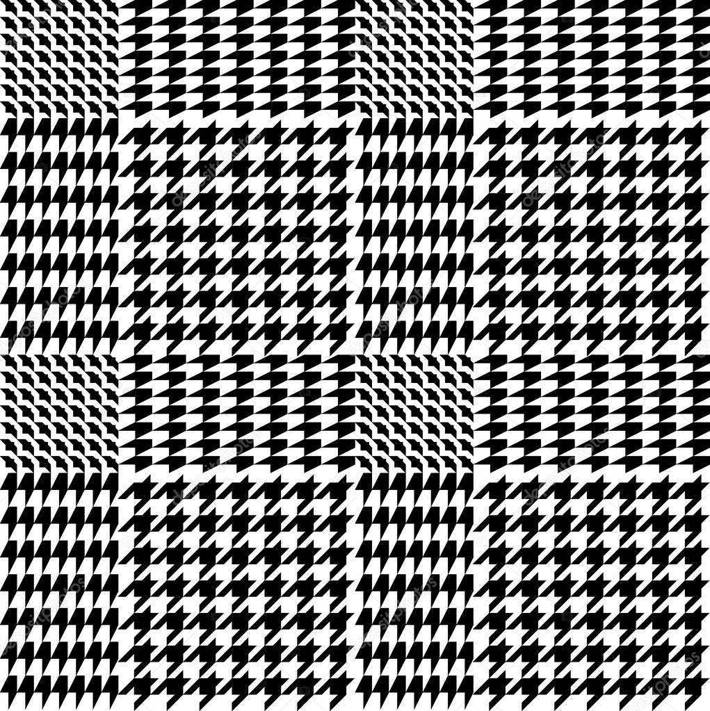 Trendy checkered irregular hounds tooth print. Seamless vector pattern with black and white geometric elements. 