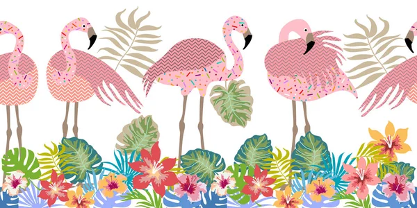 Naadloze vector grens merg Flamingo's, bloemen en palm leaves. — Stockvector