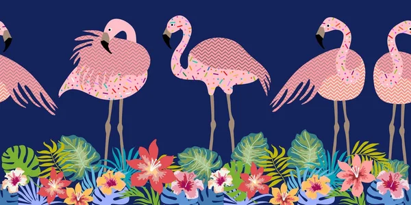 Sorunsuz vektör sınır ilik flamingolar, çiçekler ve palmiye yaprakları. — Stok Vektör
