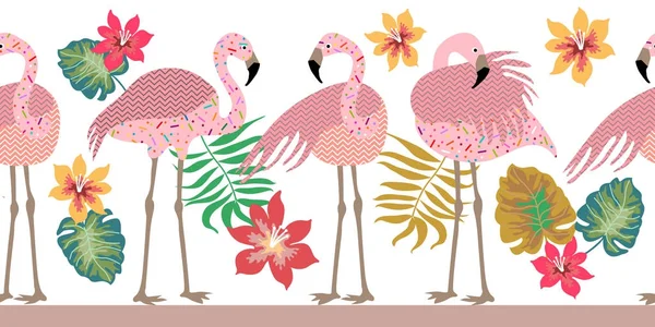 Vetor sem costura fronteira pith flamingos, flores e folhas de palma . —  Vetores de Stock