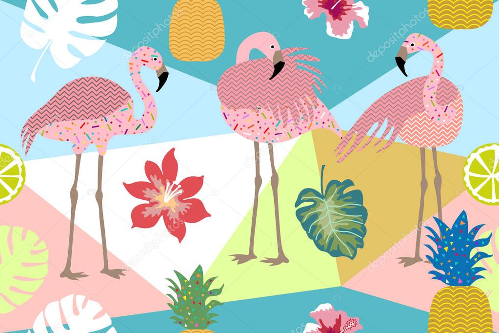 Seamless vector border pith flamingos, flowers and palm leaves.