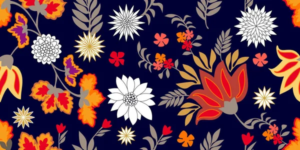 Colorful fantasy folk art style flourish border. Seamless floral pattern with blooming flowers and grey leaves. — Stock Vector