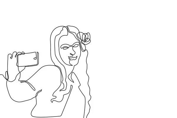 Chica con el pelo largo hace selfie . — Vector de stock