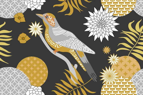 Golden och silver blommönster med fåglar i trädgården. Minimalism stil. — Stock vektor